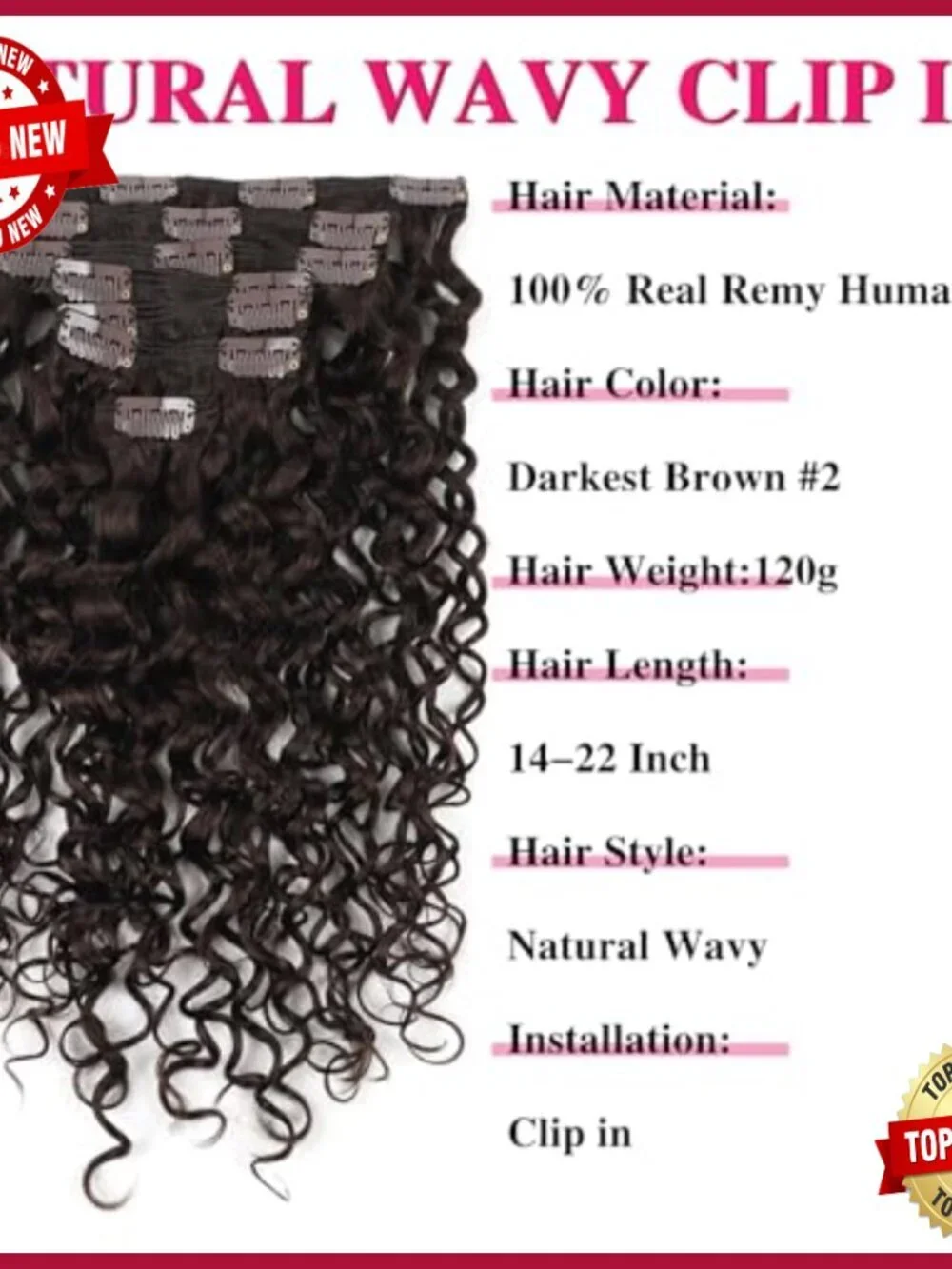 Natural Wavy Human Hair Clip-In Extensions 20 Inch Double Weft